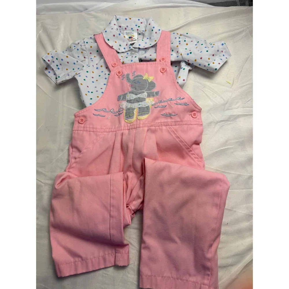 Vintage Happy Kids Pink Overalls Polka Dot Shirt Set 2T Elephant Sun Surf AB-126